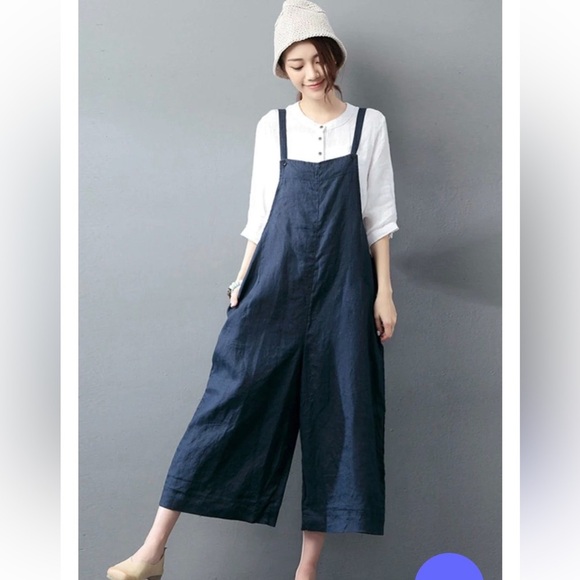 Fantasylinen Navy Linen Casual Loose Overalls Trousers Fashion Jumpsuit - Picture 2 of 5
